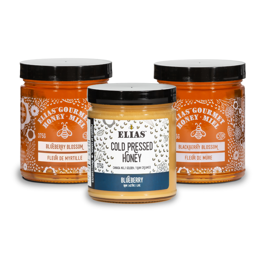 One jar of Blueberry Blossom Honey, one jar of Blueberry Cold Pressed Honey, and one jar of Elias Blackberry Blossom Honey