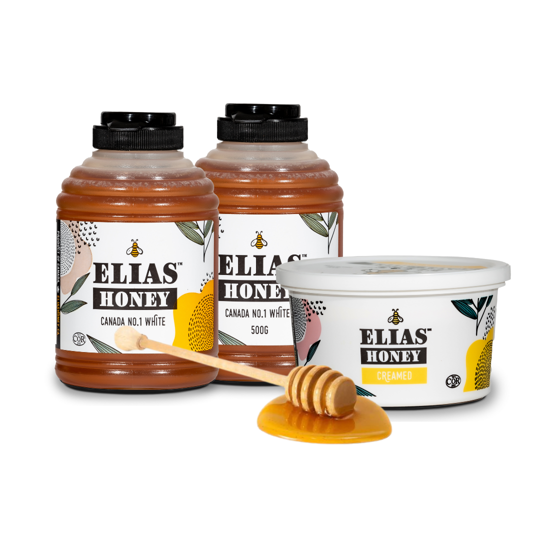 Elias Honey Bundle: Two jars of 500 Elias Liquid Honey, one tub of Elias Honey Creamed 500gr and One Honey Dipper