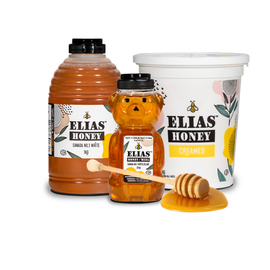 Elias Honey Family Bundle: contains one 1KG liquid Squeeze Honey Bottle, One 1kg creamed Elias Honey tub, one Honey bear and one Honey Dipper