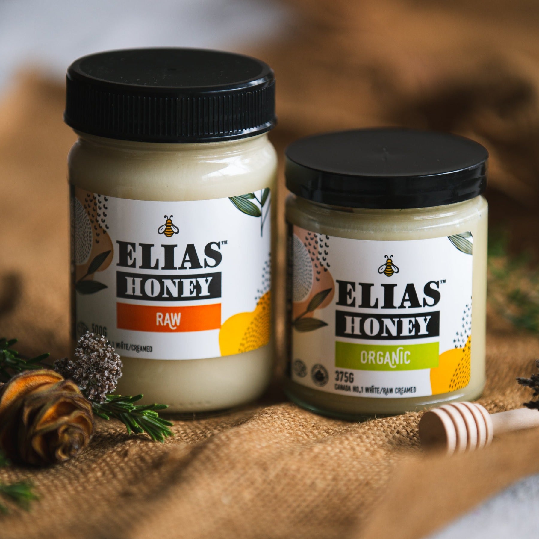 Elias Honey Raw 500gr Jar and Elais Honey Organic 375gr