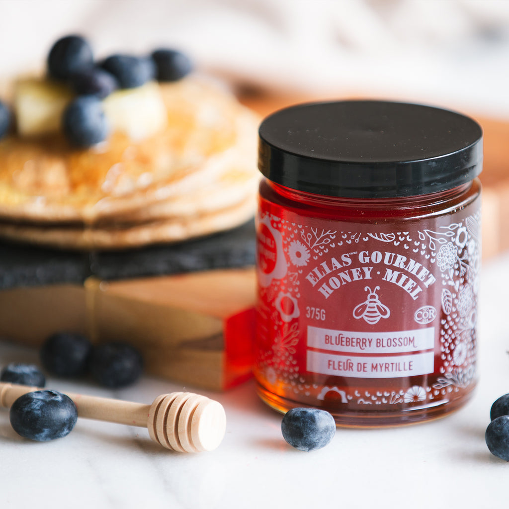 Image of Elias Gourmet Blueberry Blossom Honey in front of pancakes and blueberries 