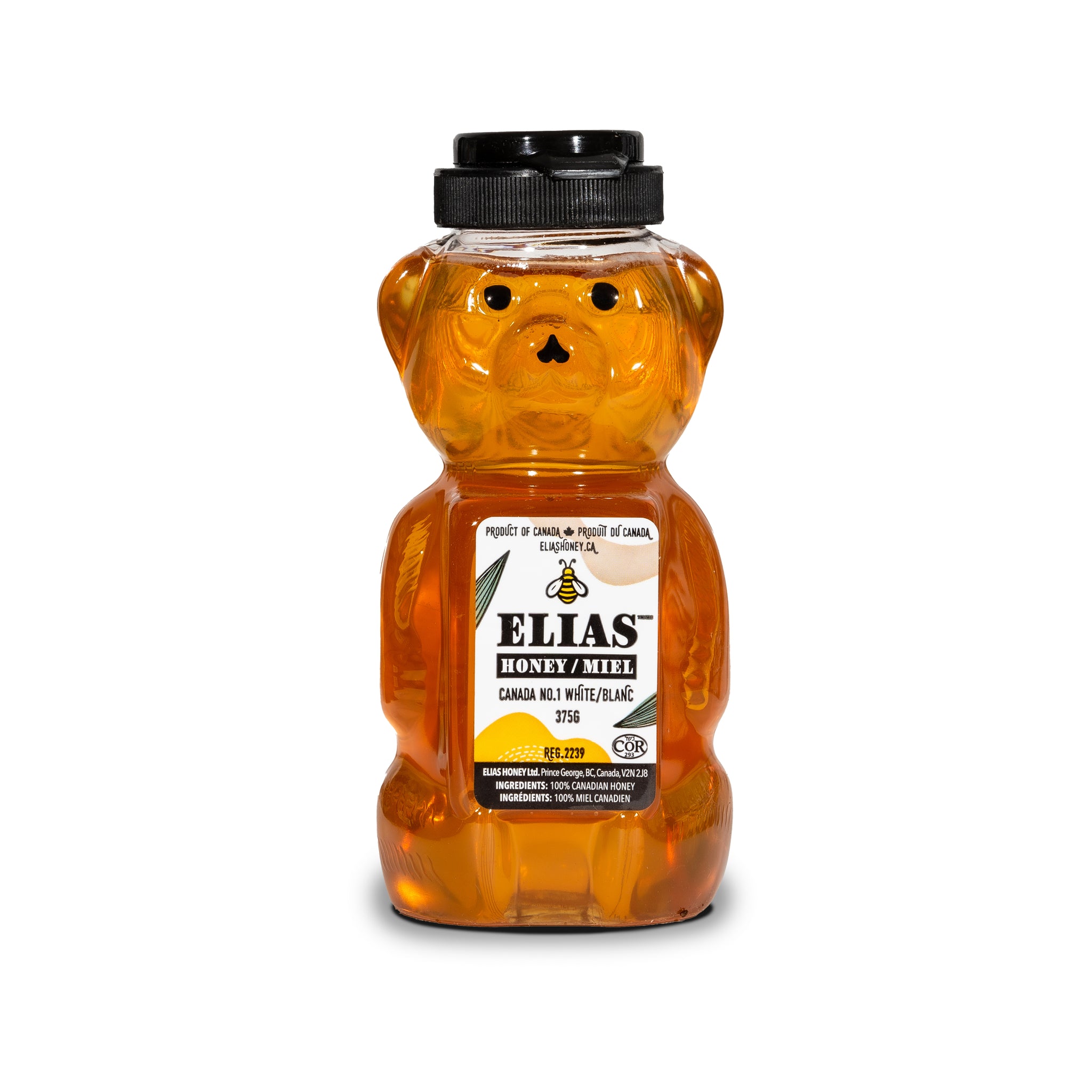 Elias pure liquid honey in honey bear container.